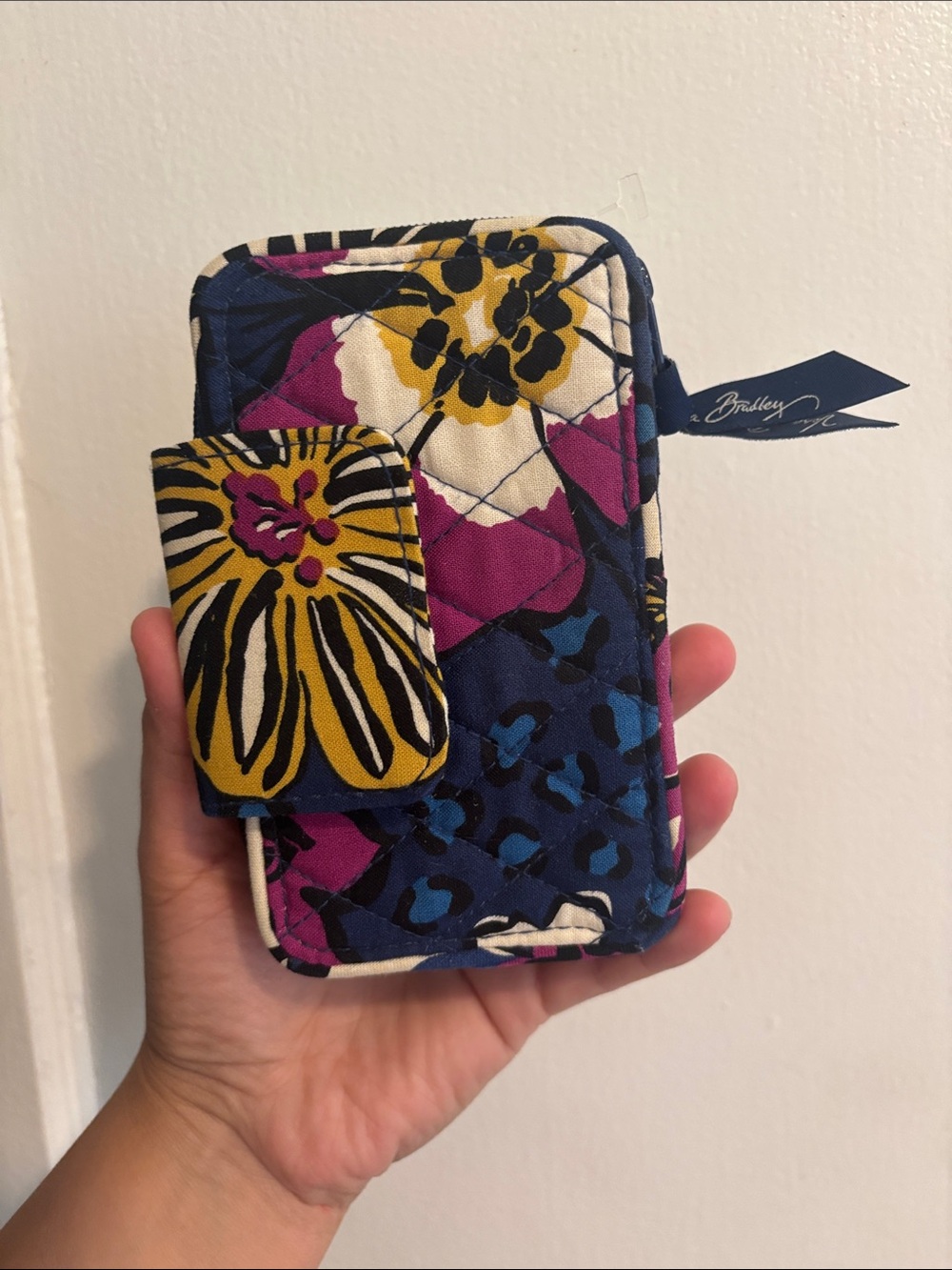 Vera Bradley Navy, Purple & Yellow Floral Quilted Phone Wallet with Snap